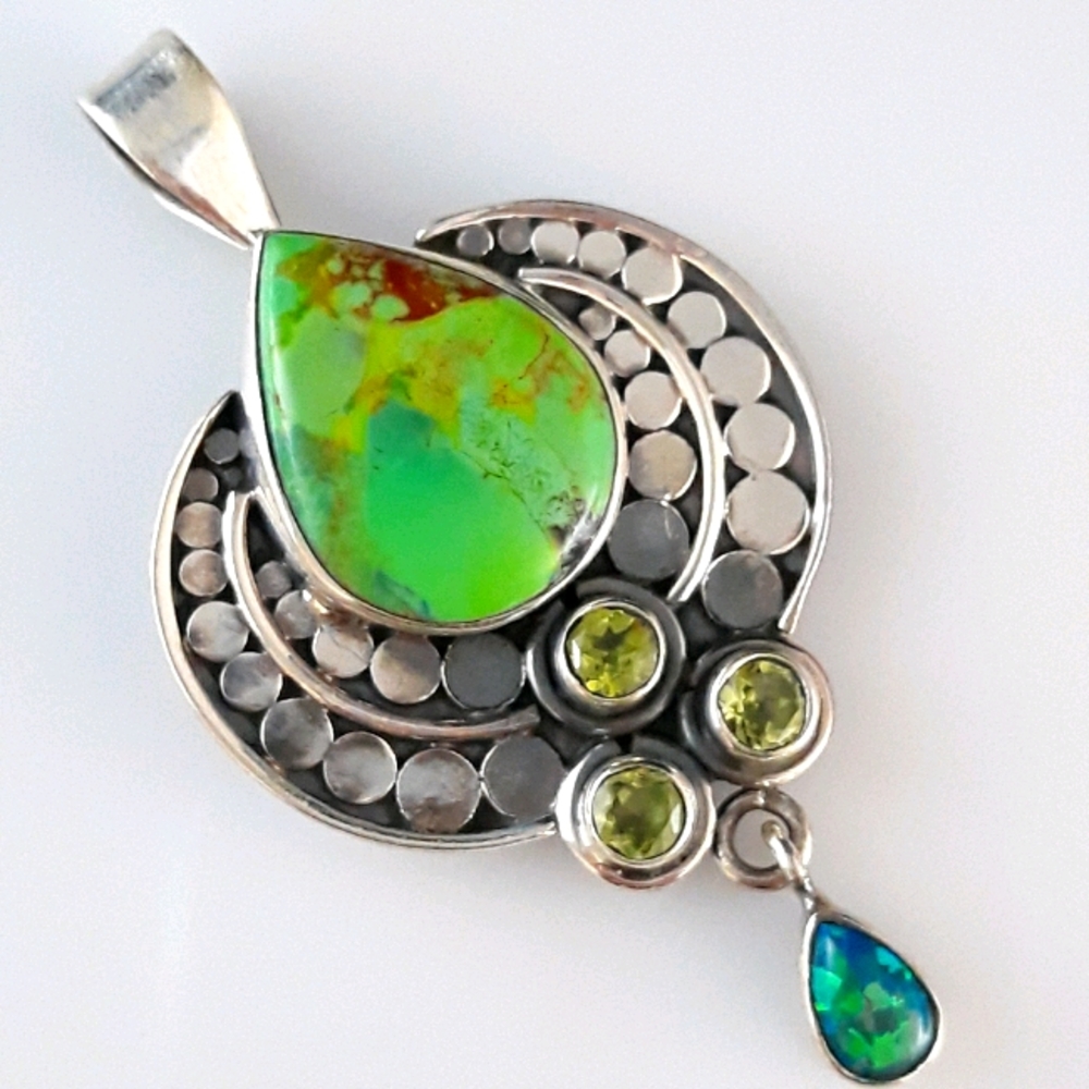 Australian Gaspeite and Fire Opal Silver Pendant